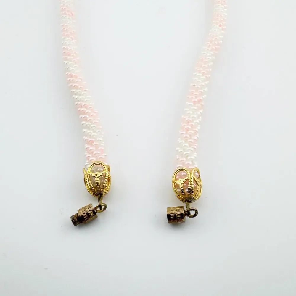Vintage Pink White‎ Beaded Rope Necklace Gold Tone Filigree Clasp Handmade